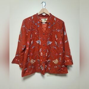 Norm Thompson Blazer Jacket Women’s Sz L Embroidered Button Up Silk Jacket